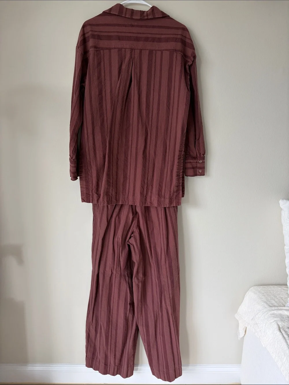 Striped Wide-Leg Pants and Shirt Set - Burgundy